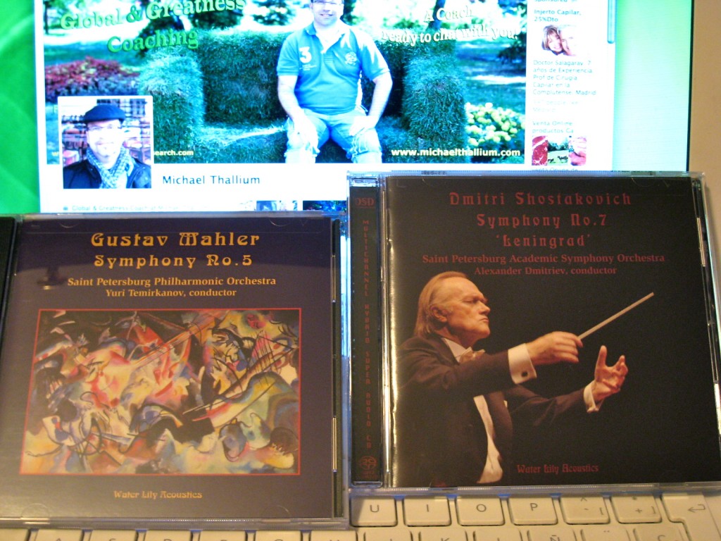 Gustav Mahler's 5th Symphony (Saint Petersburg Philharmonic Orchestra under Yuri Temirkanov) and Dimitri Shostakovich's 7th Symphony (Saint Petersburg Academic Symphony Orchestra under Alexander Dimitriev). Water Lily Acoustics Records.